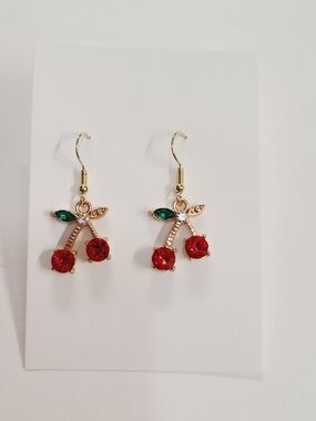 Gold Cherry Drop Earrings with Red and Green Crystals
